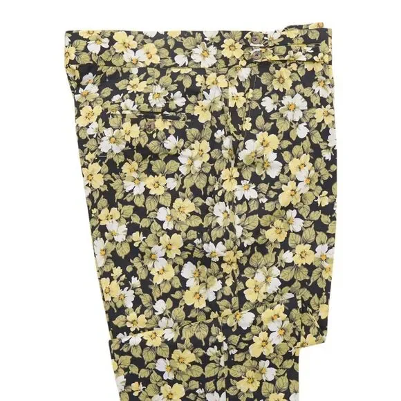 Mens Gurkha Pants 38 Green Yellow Black Floral Trousers Straight Fit Flat Front